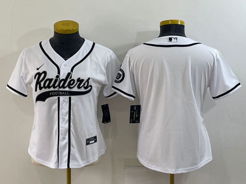 Women's Las Vegas Raiders Blank White With Patch Cool Base Stitched Baseball Jersey(Run Small) Women's Las Vegas Raiders Blank White With Patch Cool Base Stitched Baseball Jersey(Run Small)